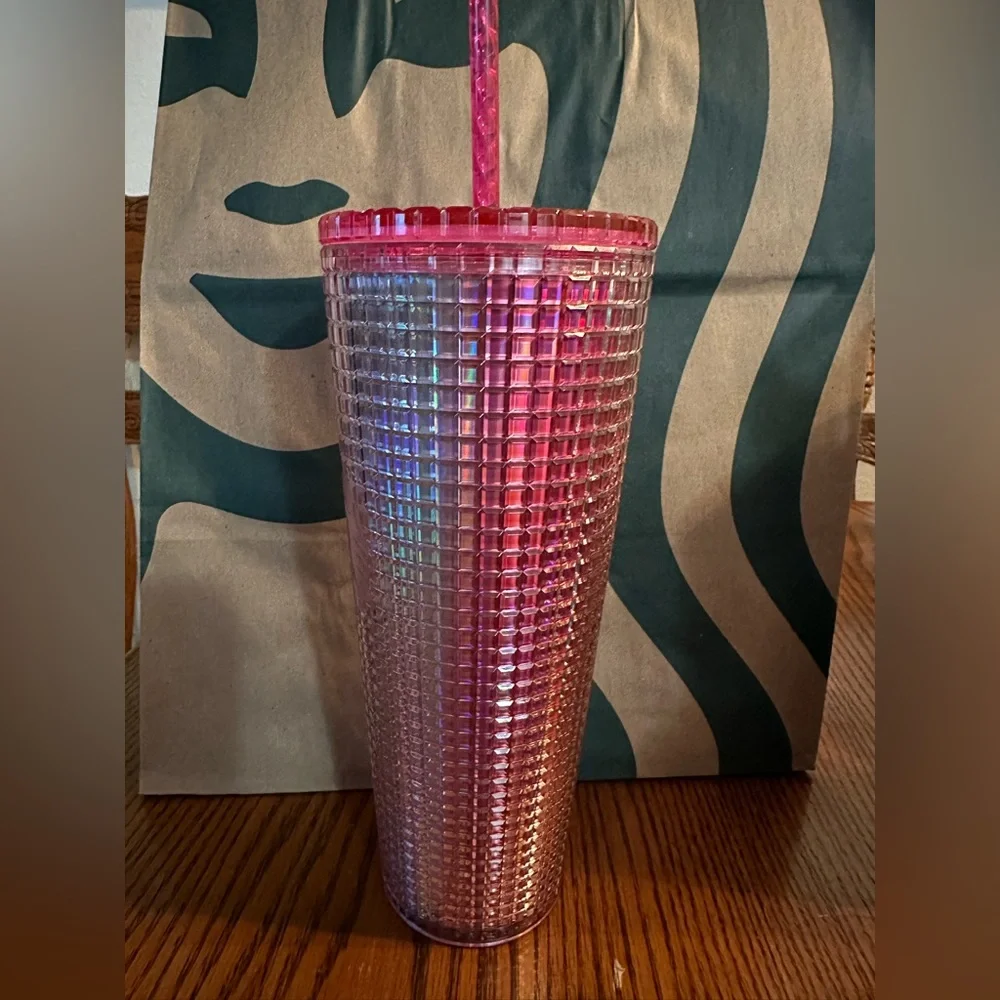 Starbucks 2023 Iridescent Pink Silver ‘Bubblegum Grid’ Cold Cup Tumbler - Picture 6 of 8